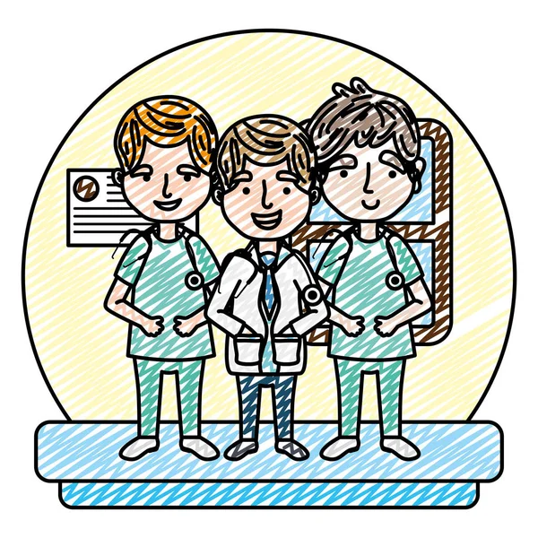 Homens Doodle Médicos Com Utensílio Estetoscópio Ilustração Vetorial Uniforme — Vetor de Stock
