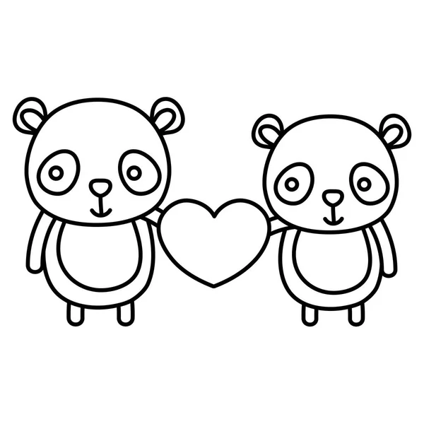 Linha Casal Panda Com Coração Bonito Suas Mãos Vetor Ilustração —  Vetores de Stock