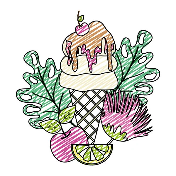 Doodle Eis Mit Tropischen Pflanzen Und Früchten Vektorillustration — Stockvektor