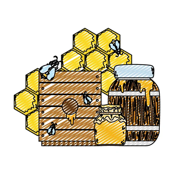 蜂のベクトル図と蜂蜜保全製品ボトルを落書き — ストックベクタ