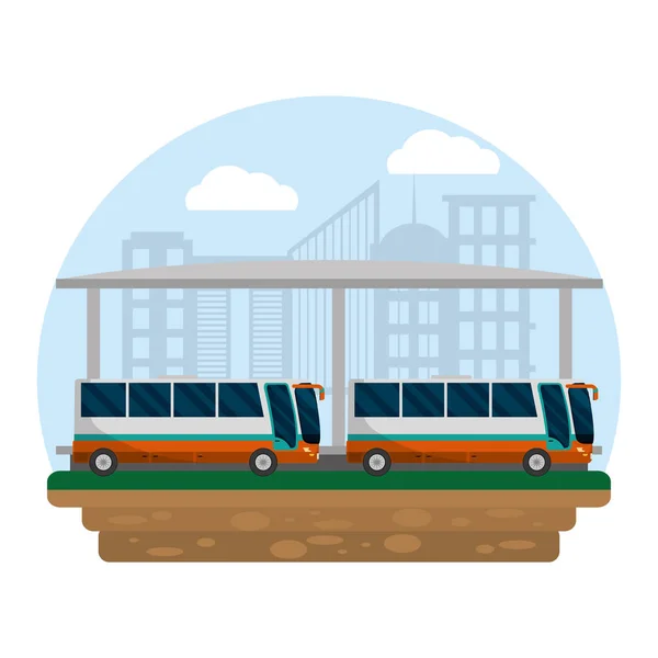 Transporte Autobuses Laterales Estación Ciudad Vector Ilustración — Vector de stock