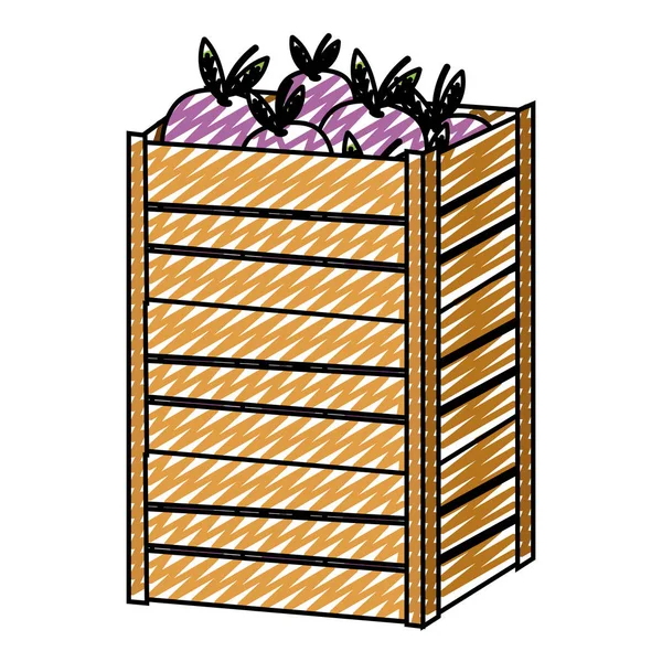 Doodle Bakłażany Warzywa Wewnątrz Ilustracji Wektorowych Duże Drewniane Pudełko — Wektor stockowy