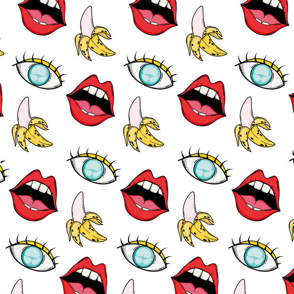 pop art mouth with eye and banana background vector illustration