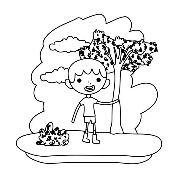 Linha Menino Agradável Criança Floresta Reserva Vetor Ilustração — Vetor de Stock