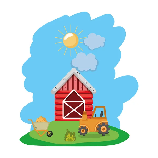 Granja Casa Con Tractor Carro Mano Con Ilustración Vector Paca — Vector de stock