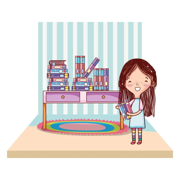 Fille Heureuse Avec Des Livres Sur Illustration Vectorielle Objet Bureau — Image vectorielle