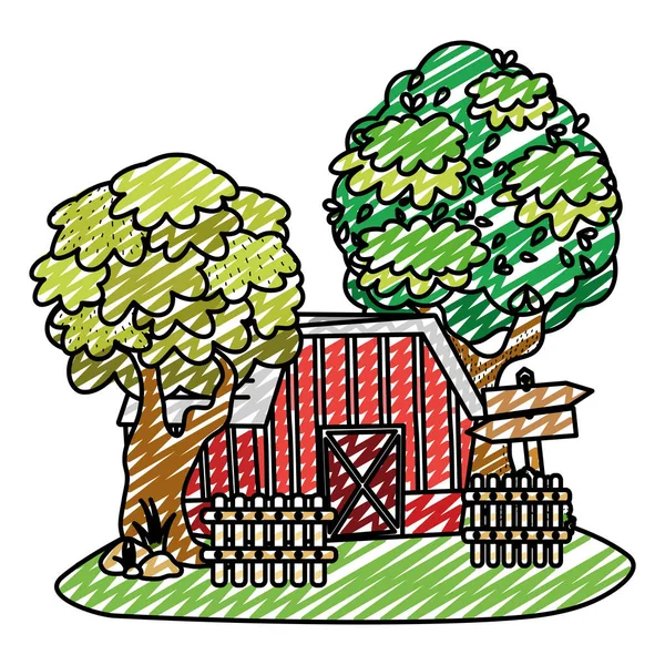 Doodle Közlemények Ház Farm Fák Vektoros Illusztráció — Stock Vector