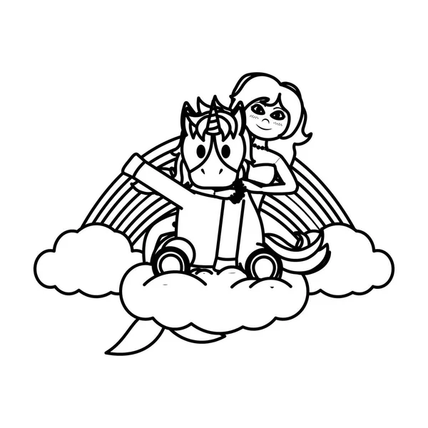 Lijn Sirene Dame Met Eenhoorn Van Baby Wolk Vectorillustratie — Stockvector