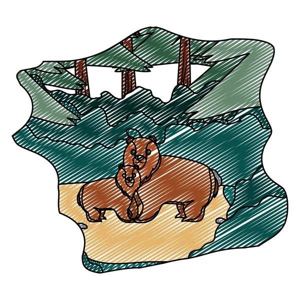 Doodle Bonito Urso Animal Com Seu Filho Paisagem Vetor Ilustração —  Vetores de Stock