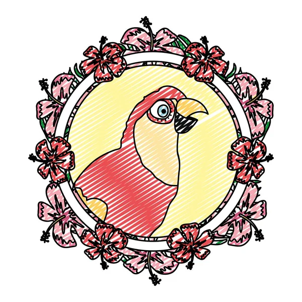 Loro Garabato Animal Dentro Círculo Flores Ramas Vector Ilustración — Vector de stock