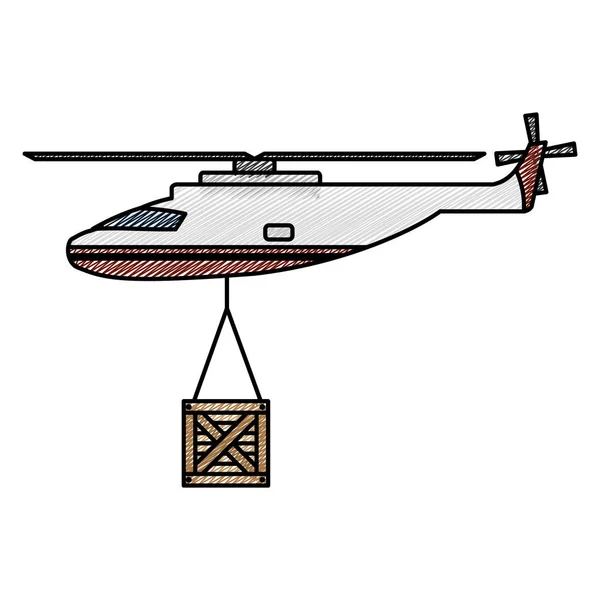 Helicóptero Doodle Transporte Con Caja Madera Colgante Vector Ilustración — Archivo Imágenes Vectoriales
