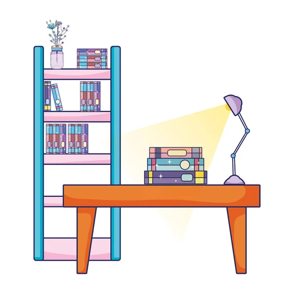 Bücher Bücherregal Objekt Und Tisch Mit Lampenvektorillustration — Stockvektor