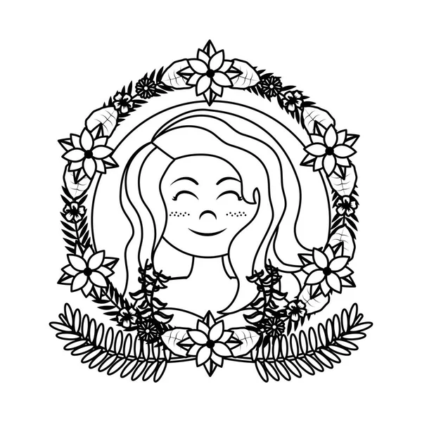 Linha Bonita Mulher Penteado Com Ramos Folhas Flores Ilustração Vetorial —  Vetores de Stock