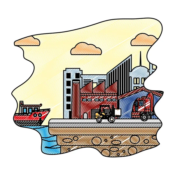 Navio Serviço Entrega Doodle Com Ilustração Vetor Empilhadeira Caminhão — Vetor de Stock