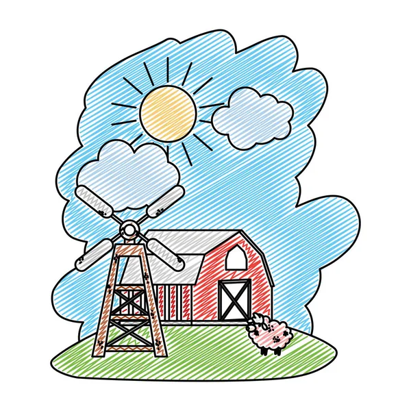 Doodle Dům Farmu Ovcí Zvířat Větrný Mlýn Vektorové Ilustrace — Stockový vektor