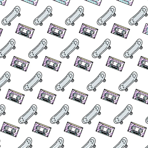 Doodle Skateboard Object Cassette Tape Achtergrond Vectorillustratie — Stockvector