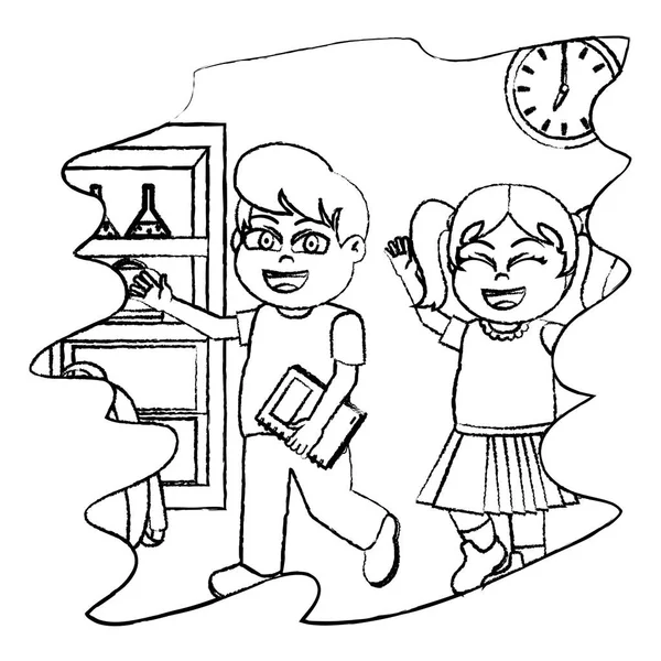 Grunge Glückliche Kinder Schüler Mit Buch Klassenzimmer Vektor Illustration — Stockvektor
