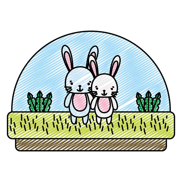 田舎のベクトル図でカップル ウサギかわいい動物を落書き — ストックベクタ