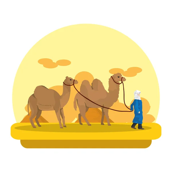 Hombre Con Dromedario Camello Desierto Vector Paisaje Ilustración — Vector de stock