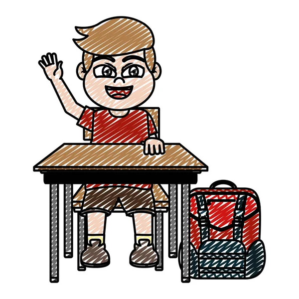 Doodle Menino Sentado Escola Mesa Com Mochila Vetor Ilustração — Vetor de Stock