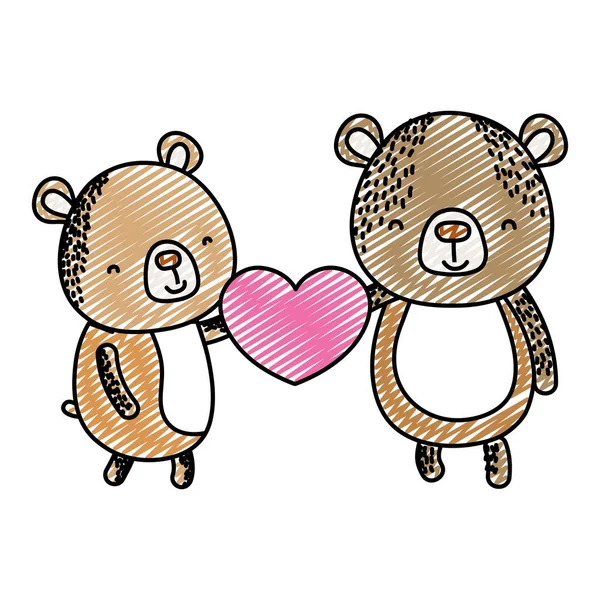 涂鸦夫妇熊与可爱的心脏在他们的手中矢量插图 — 图库矢量图片