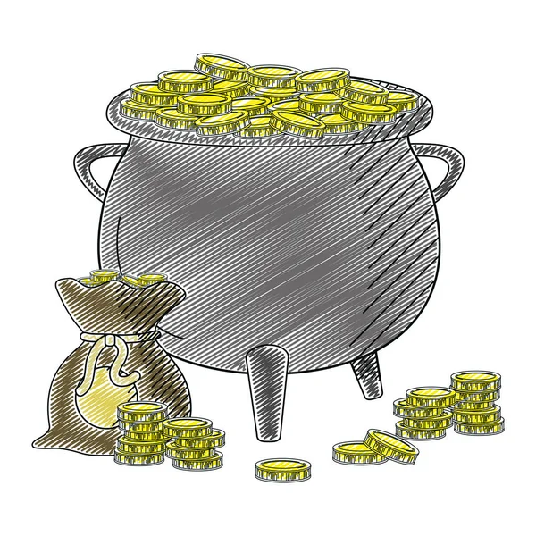 Doodle Olla Caldero Bolsa Con Monedas Dinero Efectivo Vector Ilustración — Vector de stock