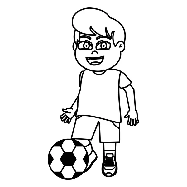 Línea Niño Feliz Niño Con Pelota Fútbol Vector Ilustración — Vector de stock