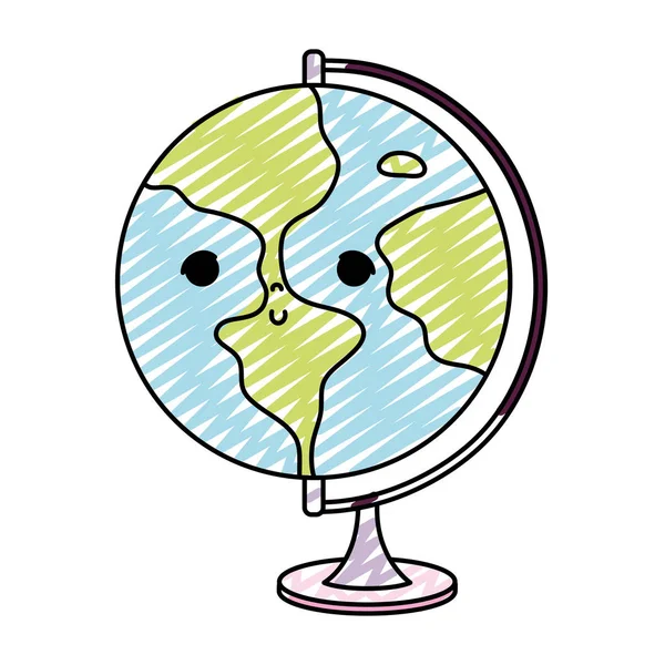 Doodle Kawaii Agradável Planeta Global Mesa Vetor Ilustração — Vetor de Stock