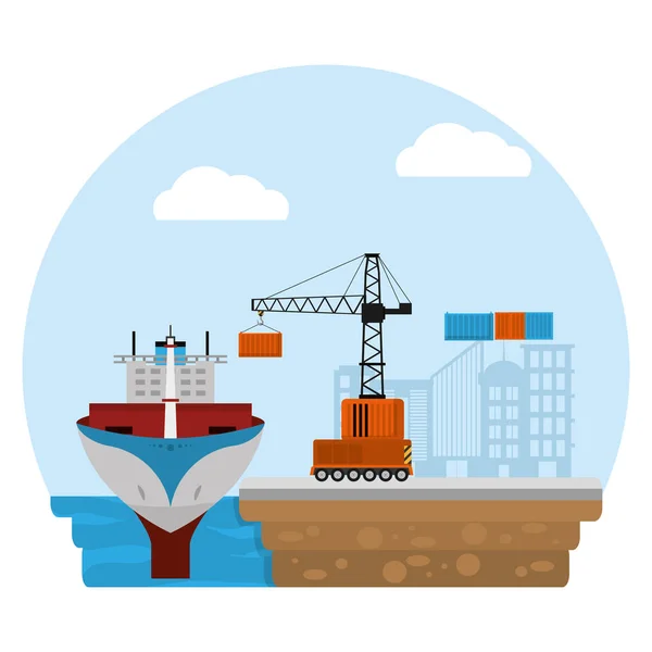 Schiffstransport Und Kran Mit Containerfrachtvektorillustration — Stockvektor