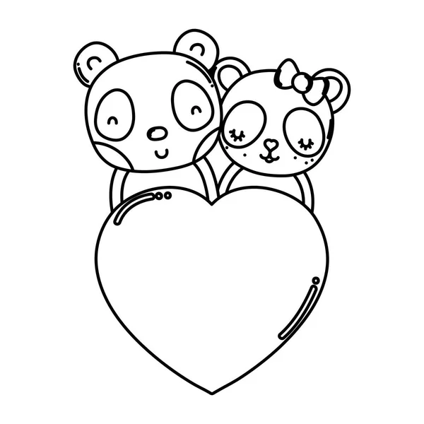 Línea Panda Pareja Con Corazón Amor Signo Vector Ilustración — Vector de stock