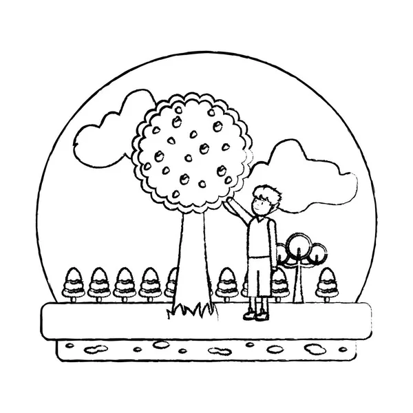 アップル ツリーのベクトル図と生態公園で不潔な男 — ストックベクタ