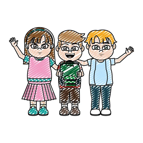 Doodle Lindo Niños Estudiantes Amigos Mochila Vector Ilustración — Vector de stock