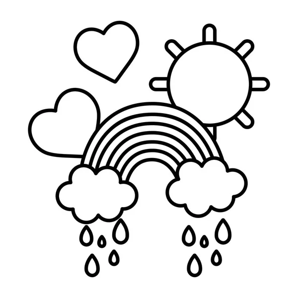 Lijn Regenboog Wolken Regenen Met Hartjes Zon Vectorillustratie — Stockvector