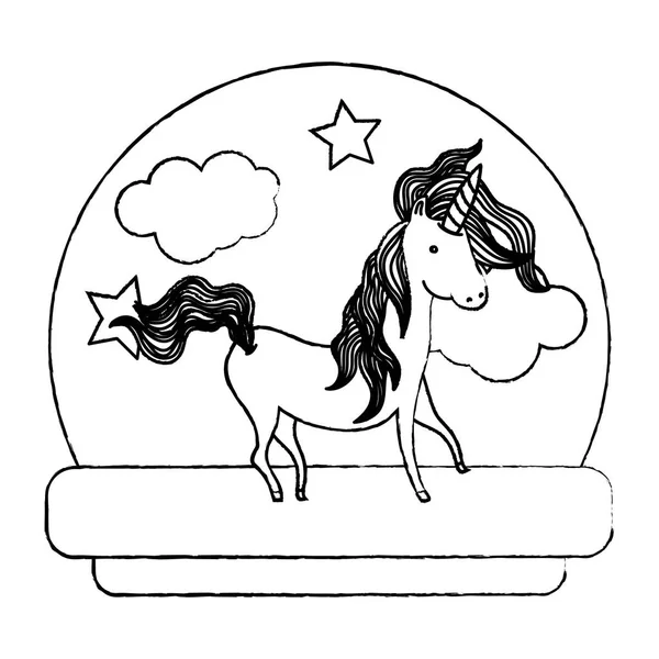 Unicornio Grunge Con Crin Pelo Nubes Estrellas Vector Ilustración — Vector de stock