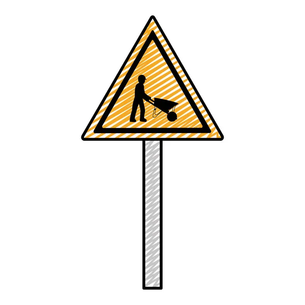 Doodle Triángulo Cautela Emblema Obrero Con Ilustración Vectorial Carretilla — Vector de stock