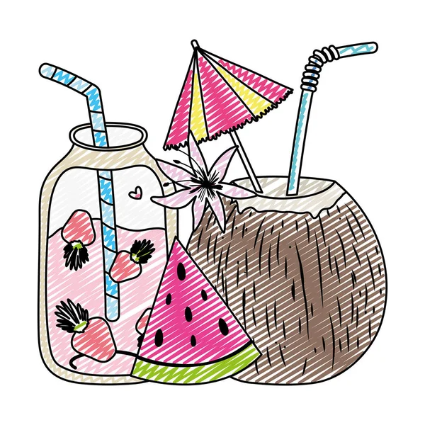 Doodle Bebidas Smoothie Tropicais Frutas Exóticas Ilustração Vector —  Vetores de Stock