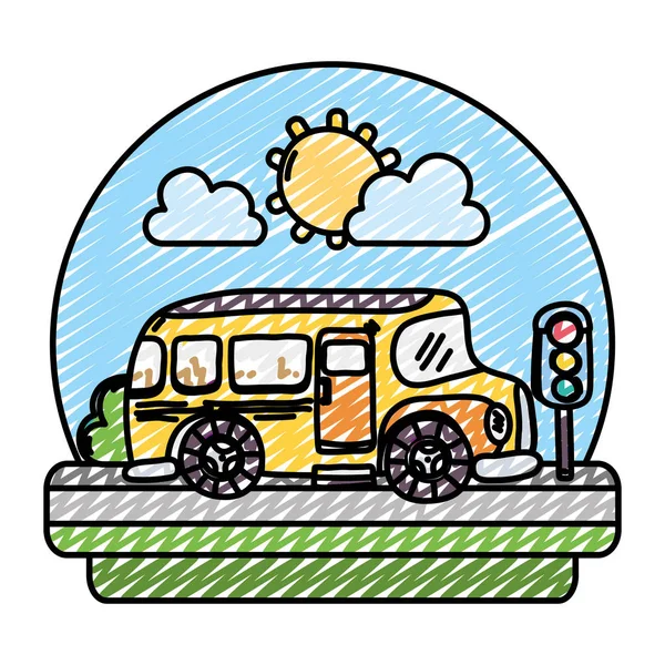 Doodle Schulbus Auf Der Straße Mit Ampelvektorillustration — Stockvektor