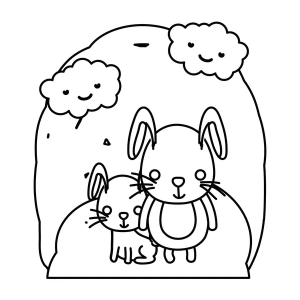 Line Rabbit Father His Cute Child Landscape Vector Illustration — Stock Vector