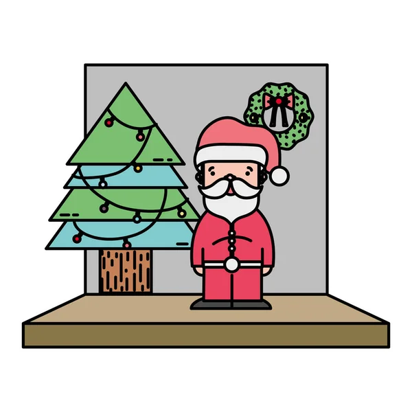 Color Santa Claus Con Luces Pino Vector Ilustración — Vector de stock
