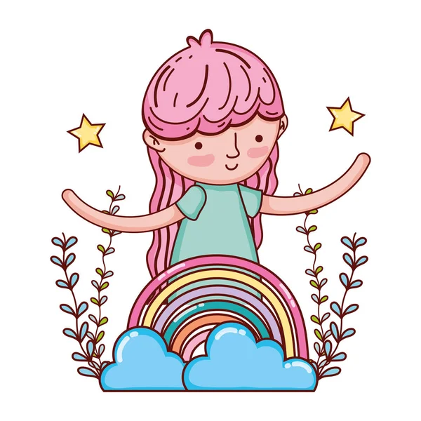 Chica Feliz Con Nubes Arco Iris Ramas Vector Ilustración — Vector de stock