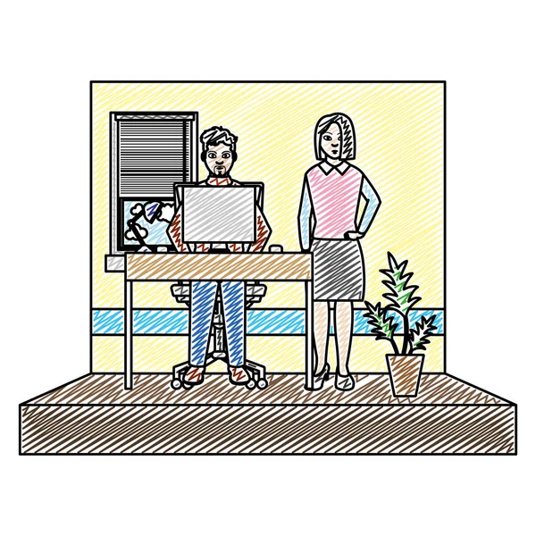 Doodle Professional Secretary Man Elegant Businesswoman Vector Illustration — Stock Vector