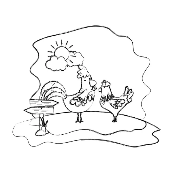 Grunge Couple Poulet Ferme Animal Avec Des Avis Bois Illustration — Image vectorielle