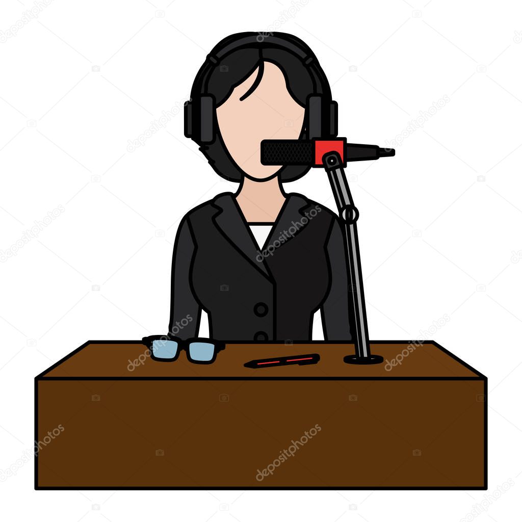 color elegant woman reporter with headphone and microphone vector illustration