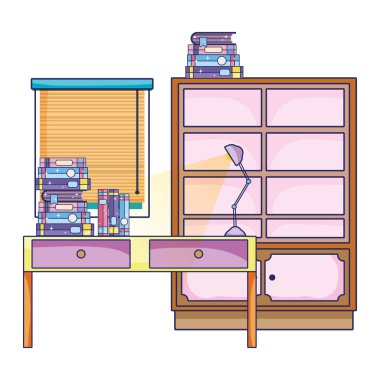 lamba vektör çizim masası ve kitaplık nesnesiyle kitaplarda