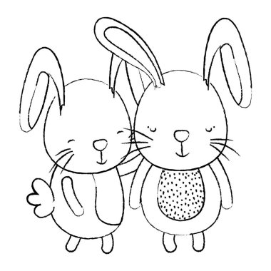 Grunge çift birlikte sevimli hayvan vektör çizim tavşan