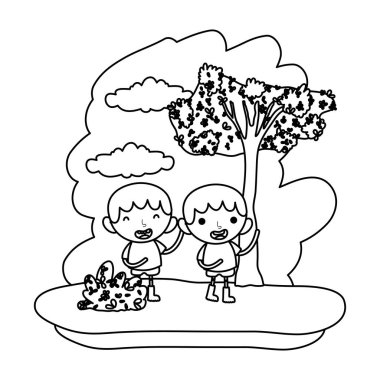 vektör çizim satırı mutlu çocuk çocuklar ormanda rezerv
