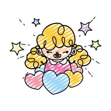 sevimli kız çocuk yürekleri doodle ve yıldız illüstrasyon vektör