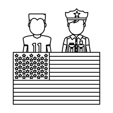 satır futbolcu ve üniformalı polis ve ABD bayrağı illüstrasyon vektör