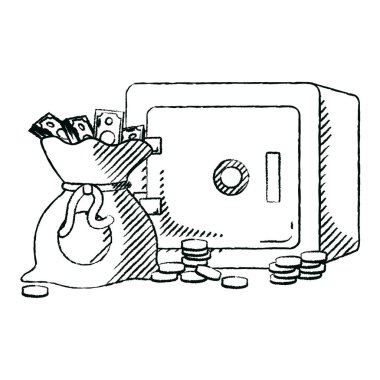 Grunge güçlü kutusu ve nakit para vektör çizim ile çanta