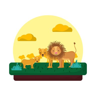 sevimli aslan peyzaj vektör çizim aile hayvan